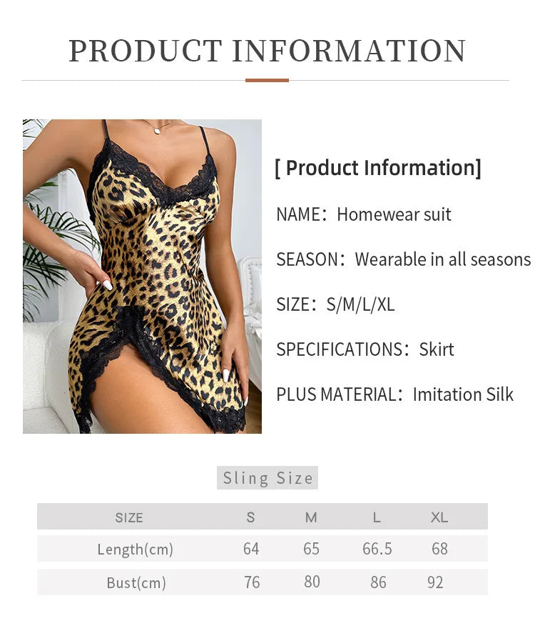Lace Trim Leopard Nightdress — V-Neck Backless Side Split Slip Sleep Dress