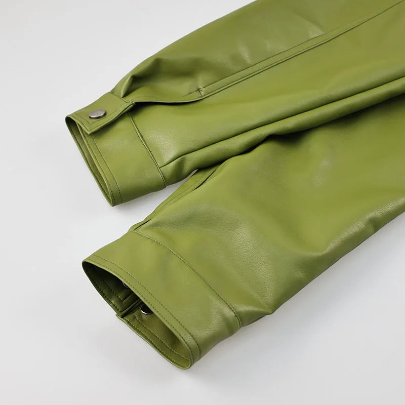 Women's Green Faux Leather Jacket – Loose Fit Lapel