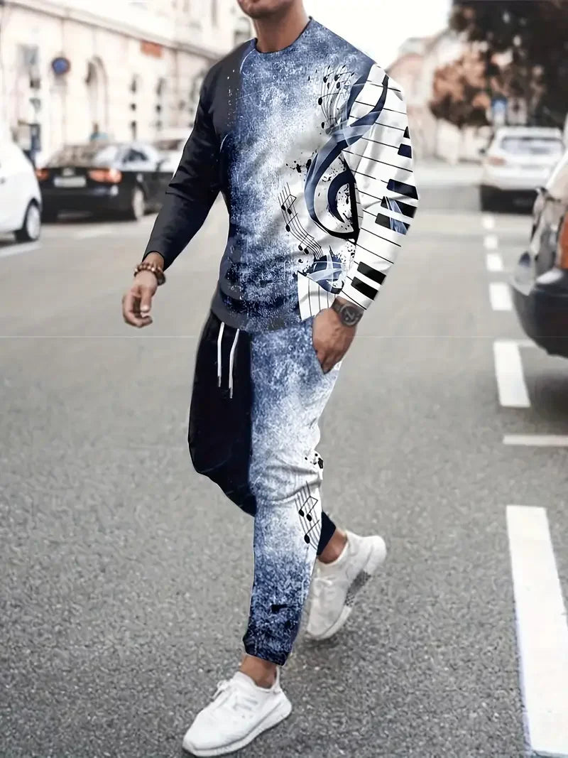 Men's 3D Print Long Sleeve T-Shirt & Jogger Pants Street Tracksuit