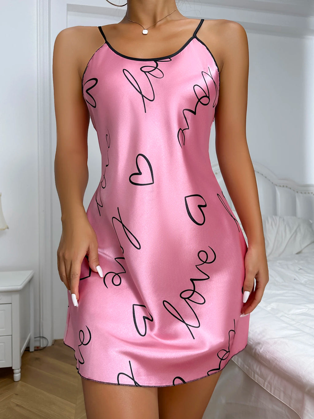 Heart & Letter Print Spaghetti Strap Nightdress — Mini Sleep Dress