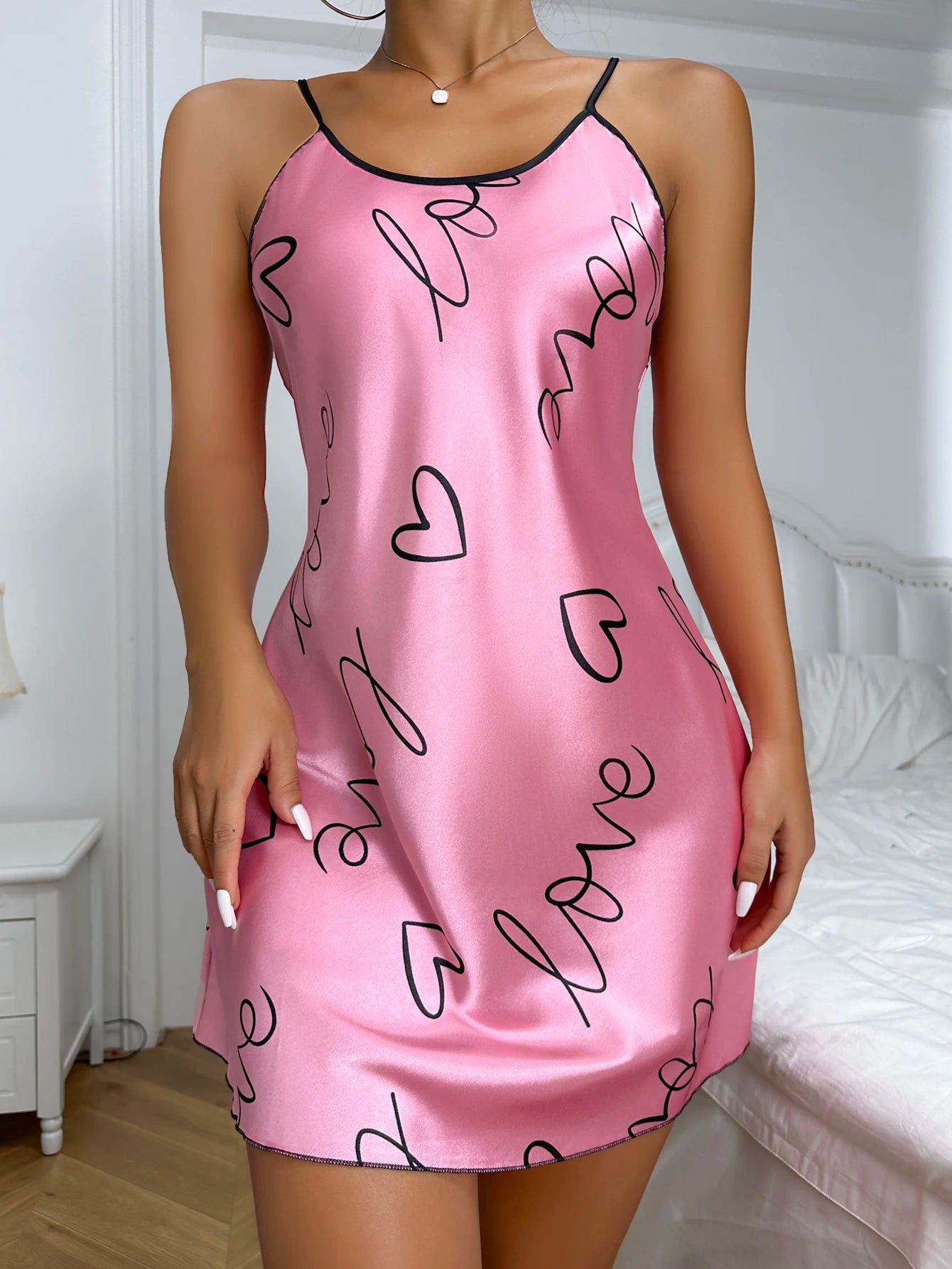 Heart & Letter Print Spaghetti Strap Nightdress — Mini Sleep Dress