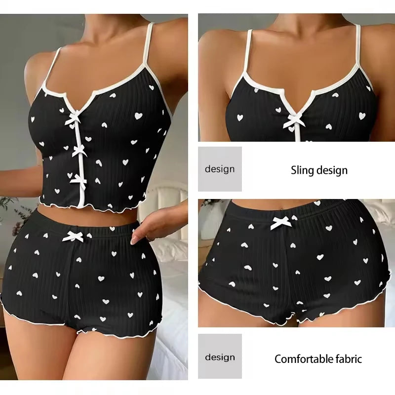 Women's Heart Print Frill Trim Cami Top & Shorts Loungewear | Soft Ribbed Pajama Set