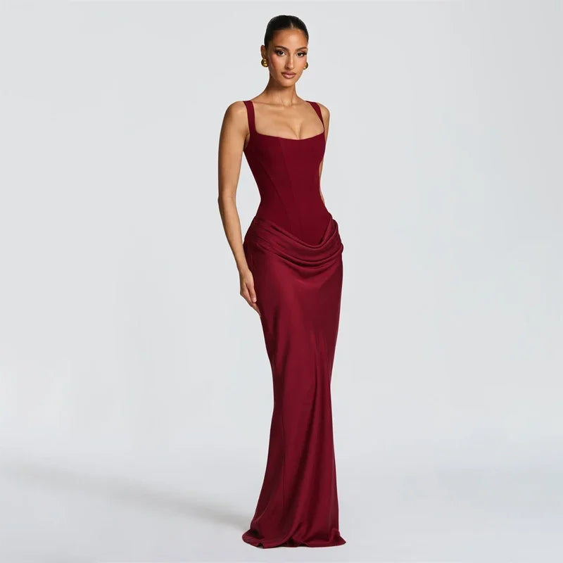 Sexy Strapless Pleated Maxi Dress – Off-Shoulder Backless High Waist Split Evening Party Gown