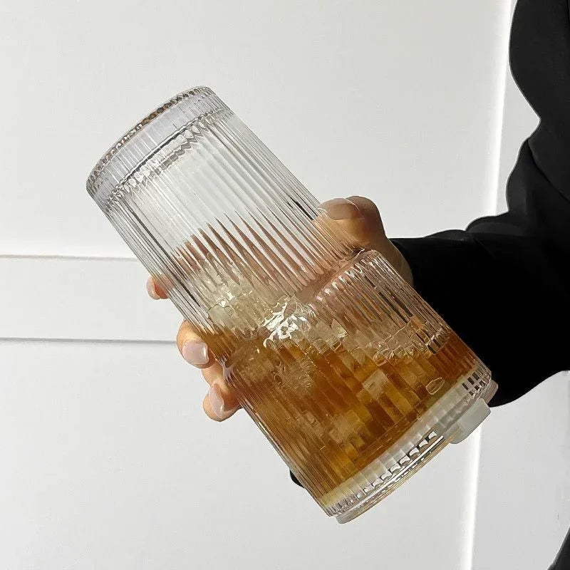 600ml Striped Borosilicate Glass Cup with Lid & Straw – Clear Iced Coffee & Smoothie Glass, CE Certified
