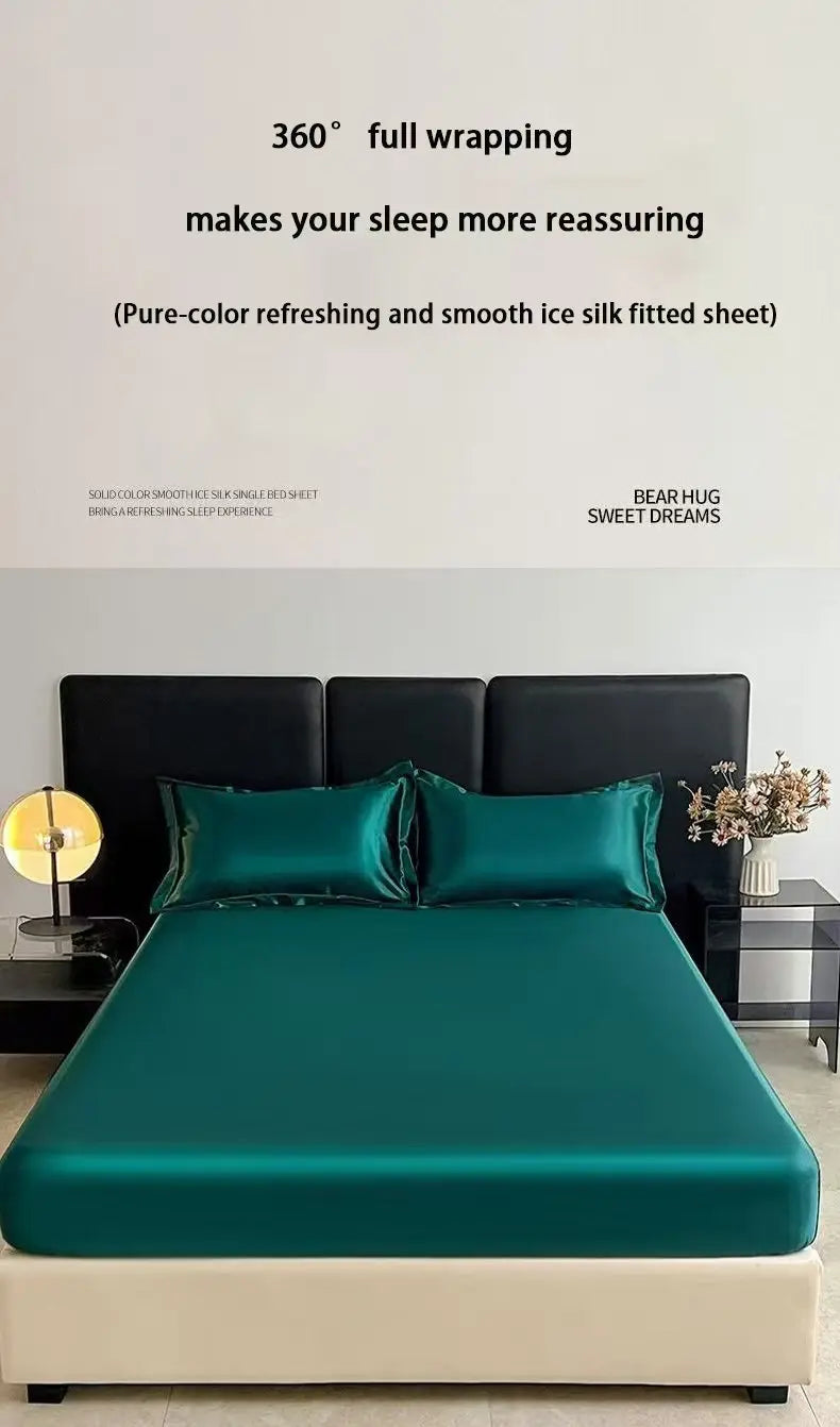Satin Ice Silk Elastic Fitted Sheet – Solid Color Mattress Cover, No Pillowcase