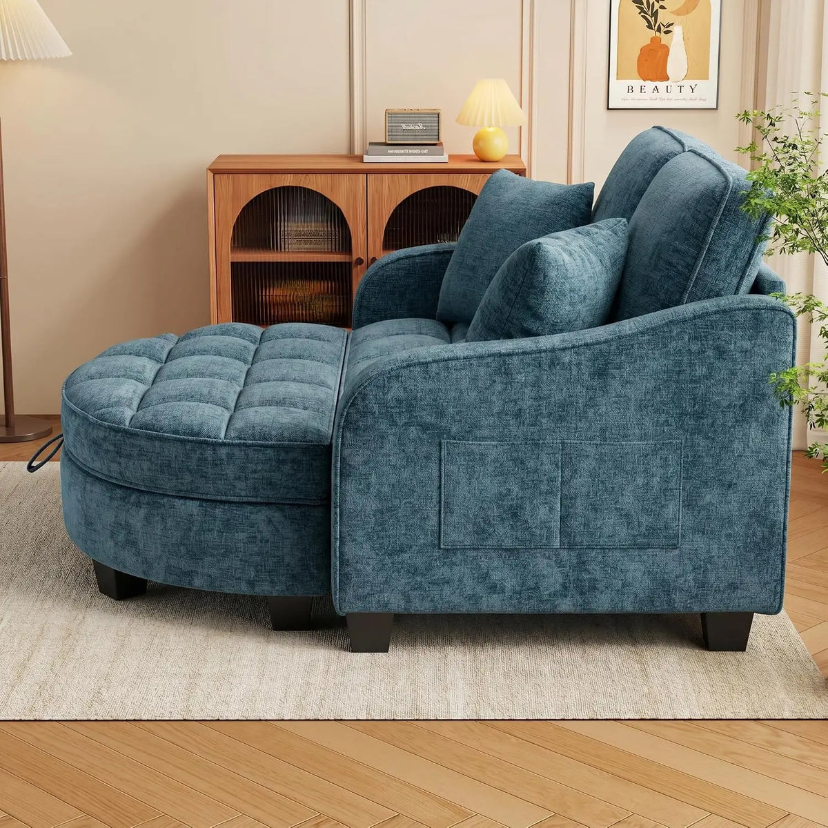Chenille Reclining Chaise Lounge with Storage Ottoman