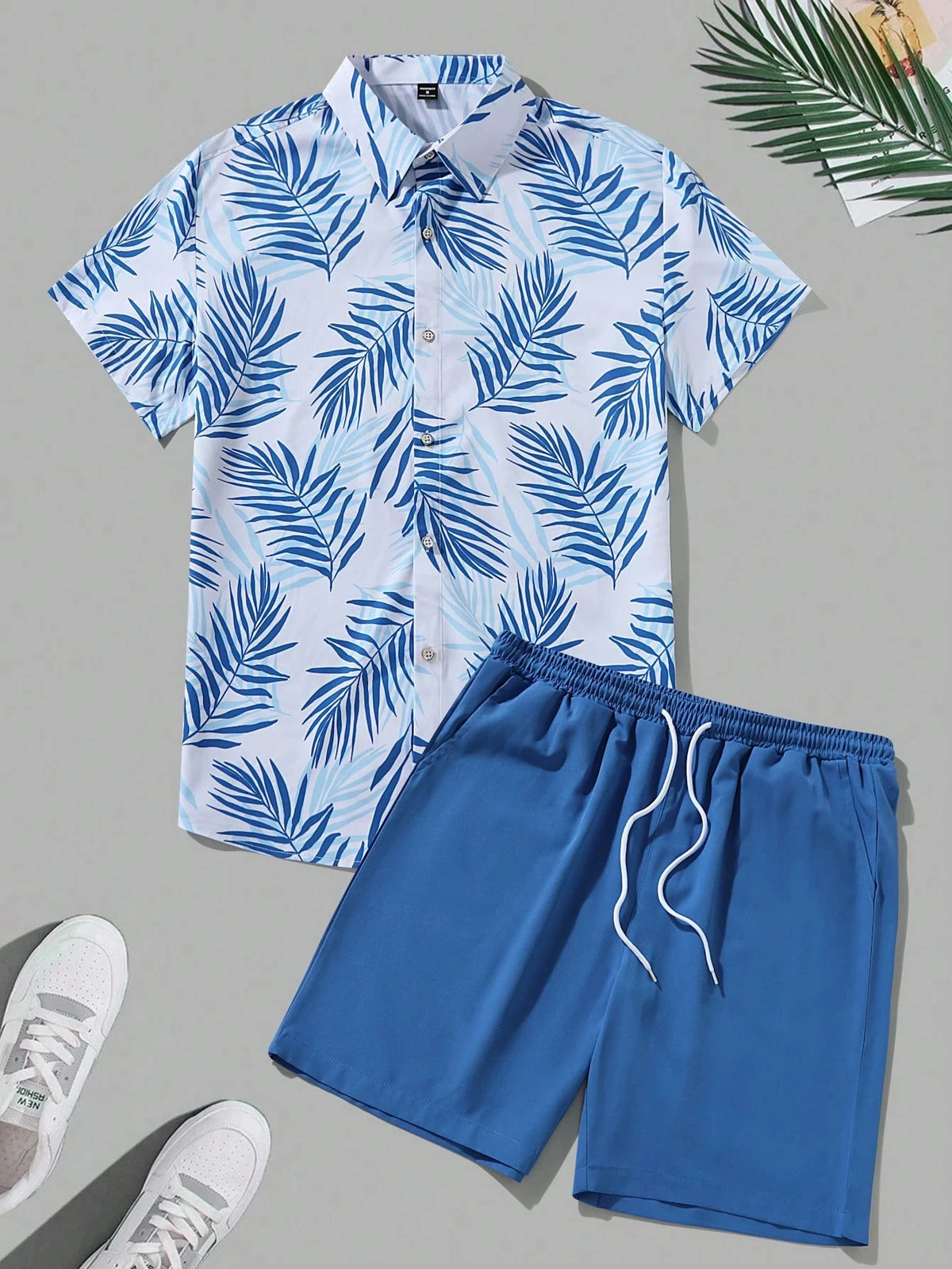 Men's Elegant Plant Print Lapel Shirt & Drawstring Shorts Set – Leisure Summer 2-Piece Suit