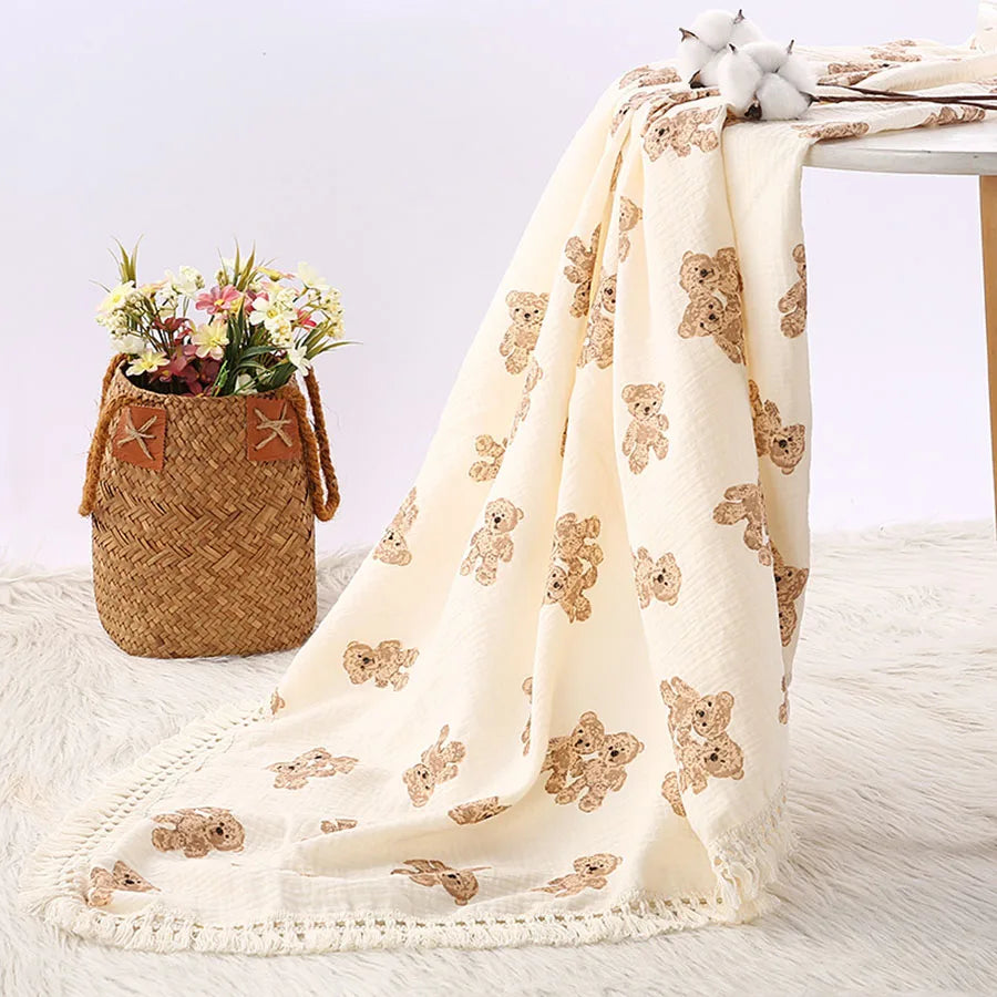 Cute Bear Muslin Cotton Baby Blanket – Plaid Infant Swaddle & Summer Comforter for Newborns