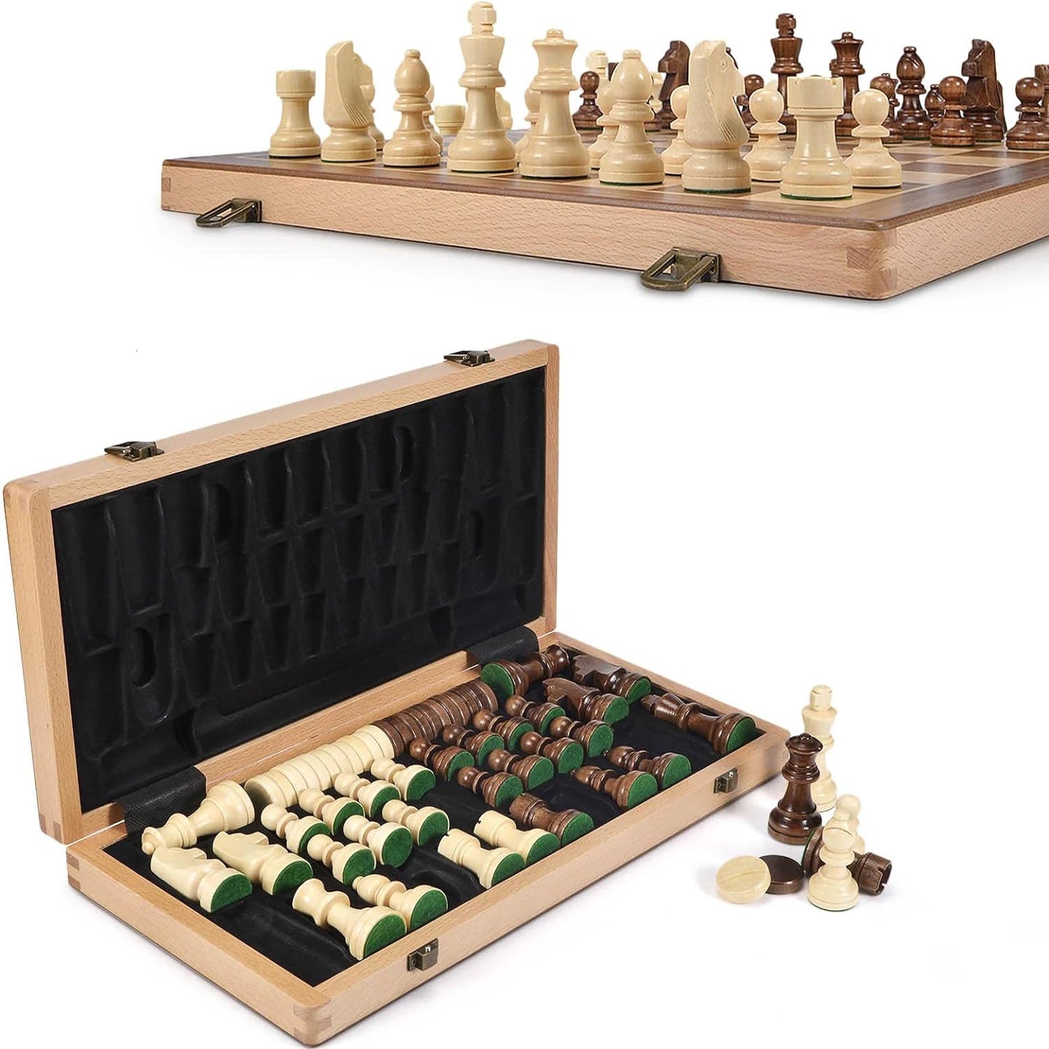 15-Inch Wooden Chess & Checkers Set – 2-in-1 Classic Board Game, Weighted Pieces, 2 Extra Queens & 24 Checkers