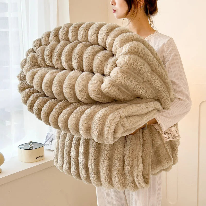 Striped Plush Blanket – Soft Faux Rabbit Fur Throw