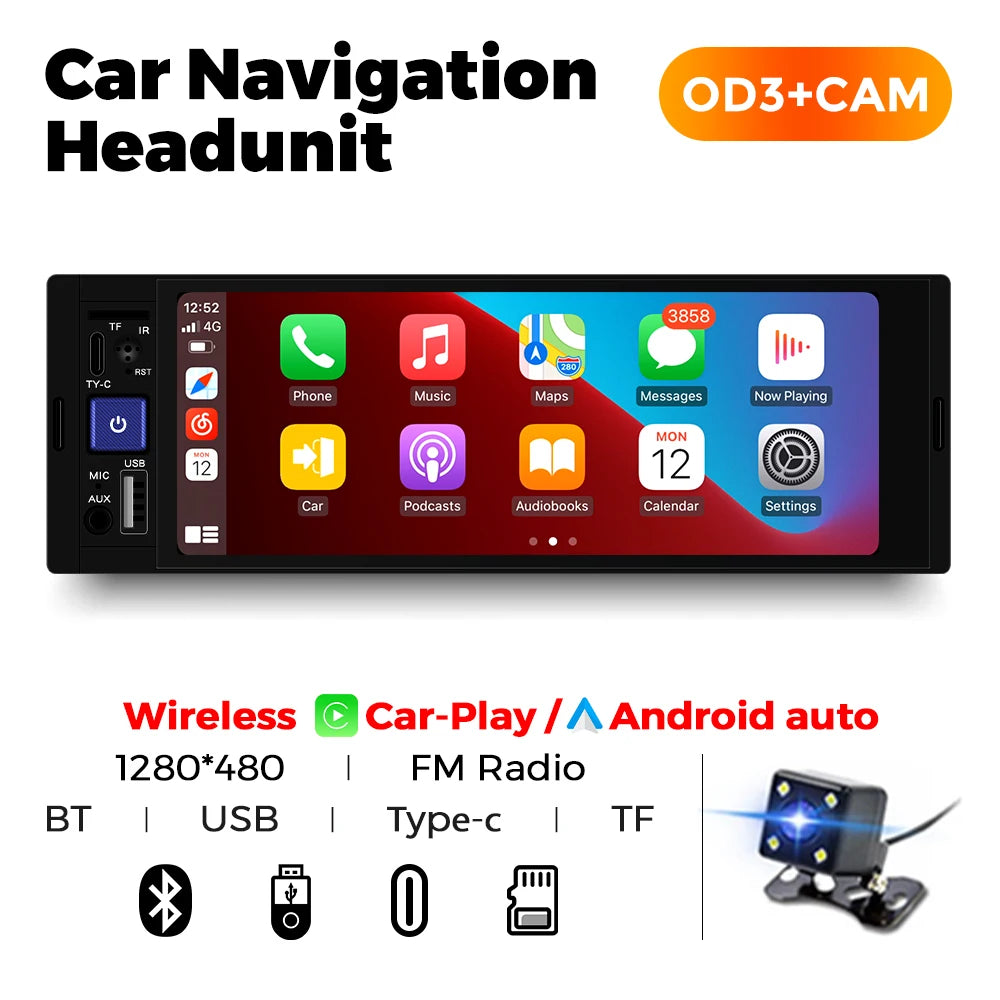 1-DIN 6.86" Car Radio MP5 Player – Wireless CarPlay & Android Auto, FM, Bluetooth, TF, AUX | Universal Fit