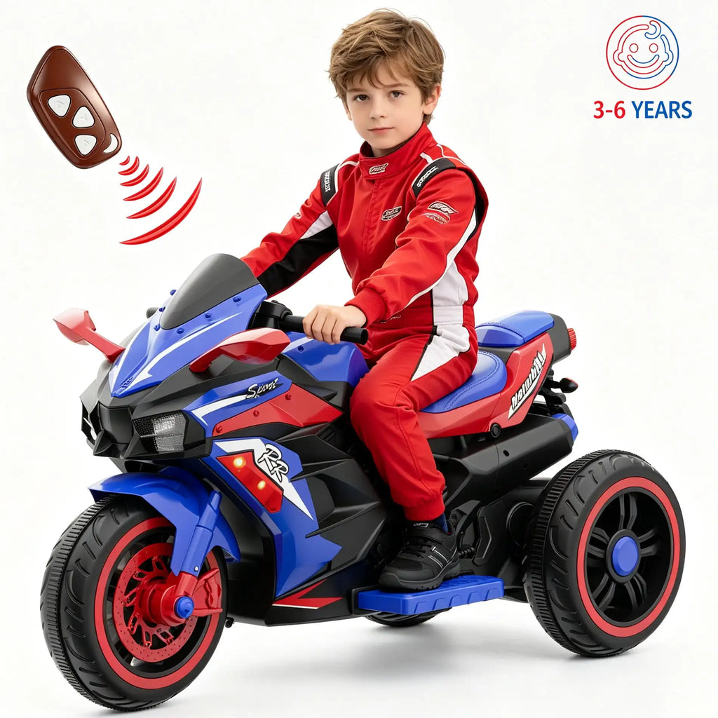 12V Kids Ride-On Motorcycle – Three-Wheel Electric Toy with Remote