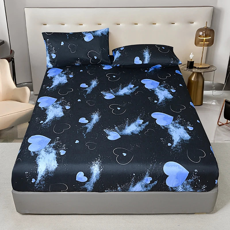 Marble Print Fitted Bed Sheet – Elastic Band, Single to King, All-Around Bed Cover
