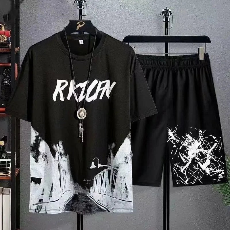 Men's Gradient Print T-Shirt & Shorts Casual Summer Sporty 2-Piece Set