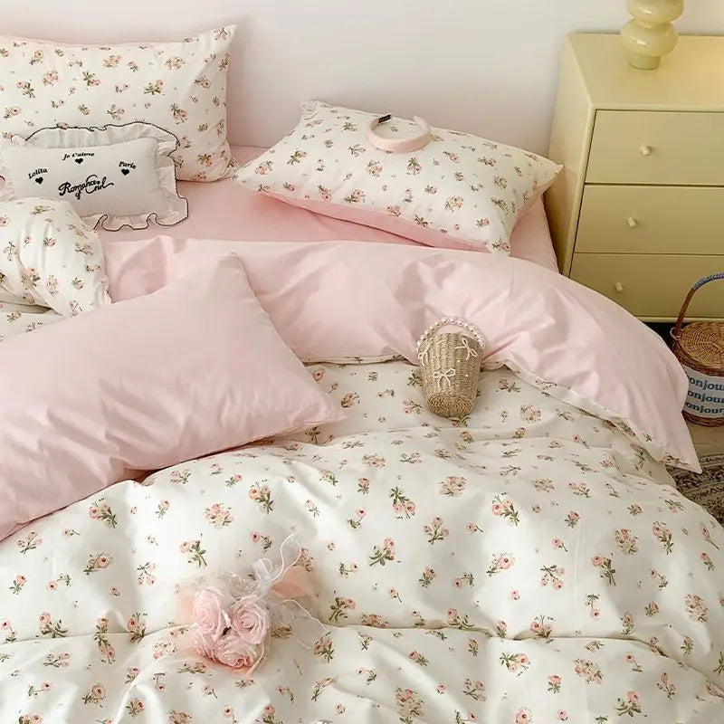 Vintage Floral Duvet Cover Set – Korean Ins Style Bedding Kit with Flat Sheet & Pillowcases, Single to Queen