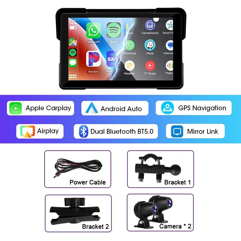 5"/7" Motorcycle CarPlay Screen – Wireless CarPlay & Android Auto, GPS Navigation, Dual Bluetooth, IPX7