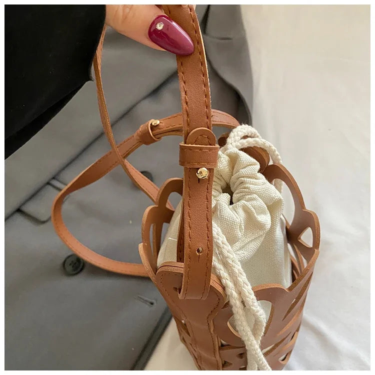 Brilliant Fish Hollow Out Drawstring Mini Bucket Crossbody Bag – Adjustable Strap Shoulder Bag for Women