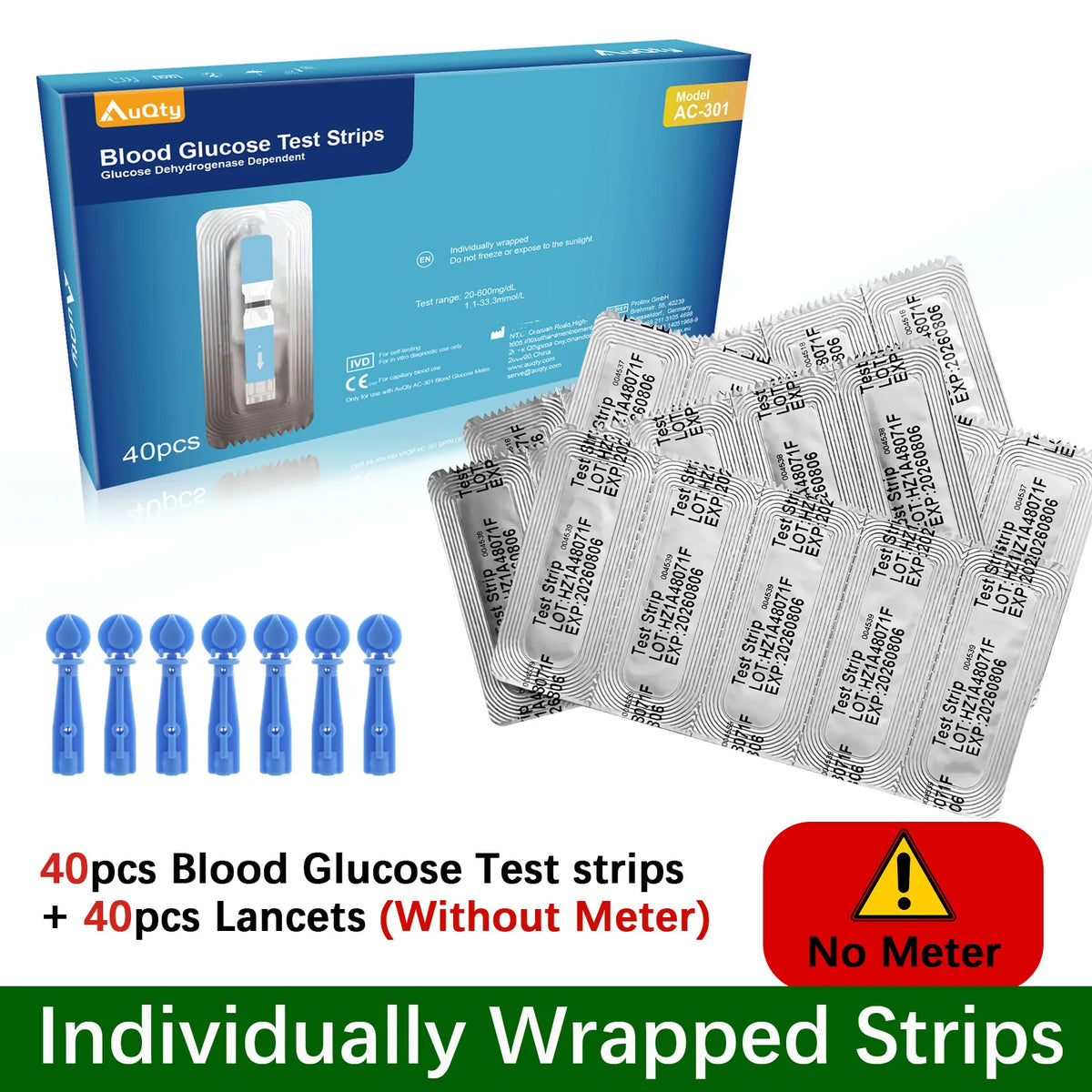 Wcore AC-301 Blood Glucose Meter Kit – Individually Wrapped Test Strips, Ketone Warning, mg/dL & mmol/L, 5-Second Results
