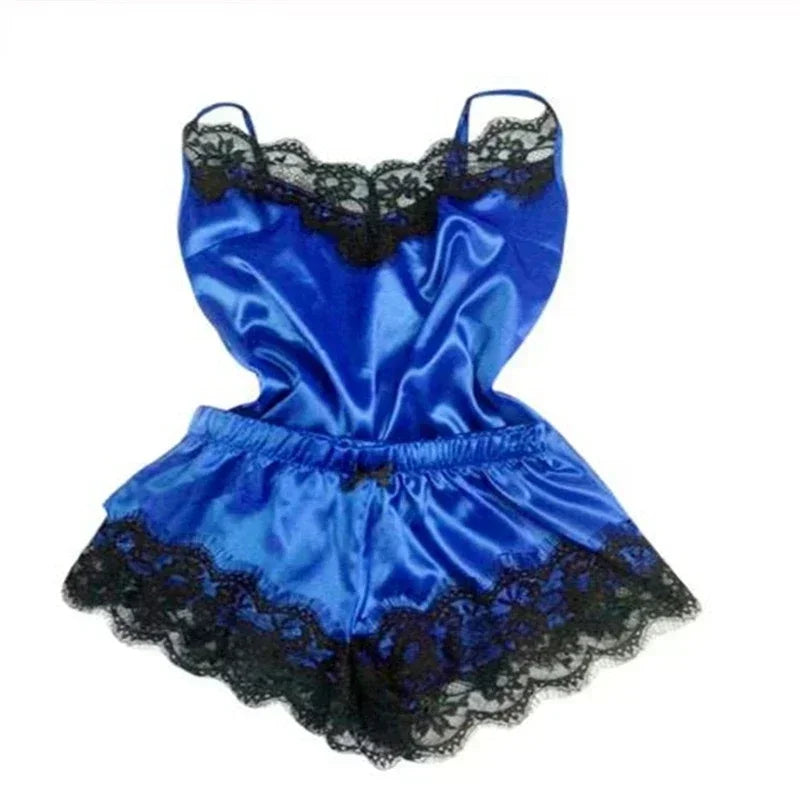 Women's Summer Lace Silk Pajama Set | Cami Top & Shorts Sexy Lingerie Sleepwear