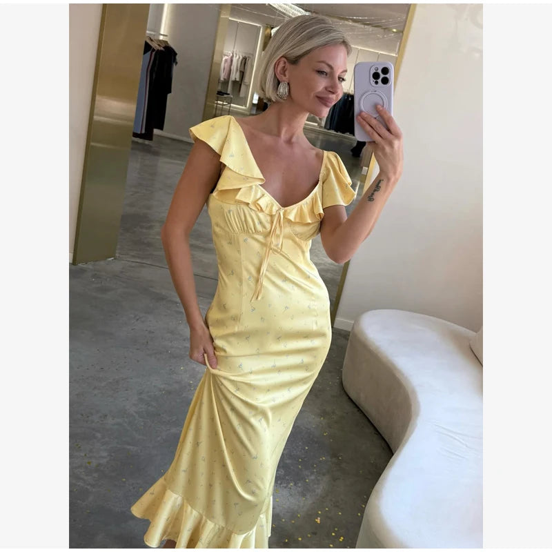 Butter Yellow Satin Bias Cut Lace Patchwork Midi Dress – V-Neck Backless Y2K Party Dress