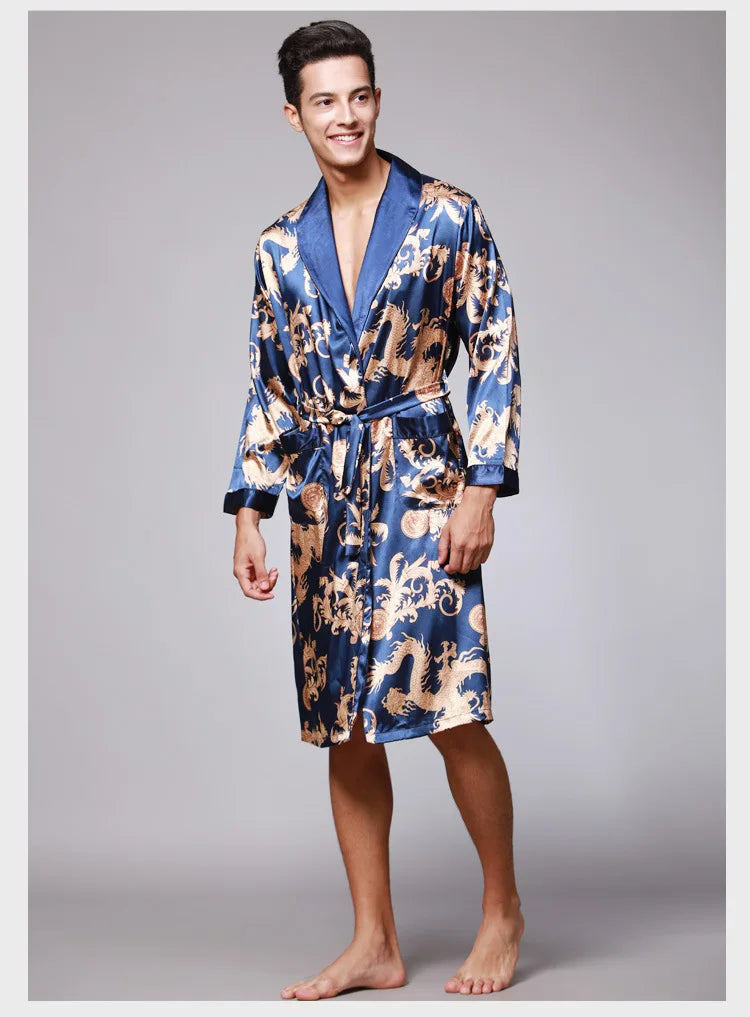 Men's Dragon Print Kimono Bathrobe — Plus Size Satin Robe
