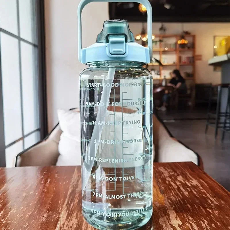 2L Large Capacity Motivational Water Bottle with Straw & Time Marker – BPA-Free Portable Fitness Bottle