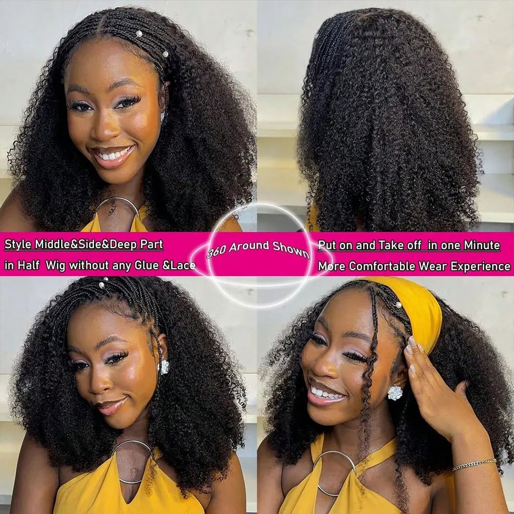 Jerry Curly 3-in-1 Half Wig | Seamless Kinky Curly Headband Clip-In Glueless Human Hair Natural Black