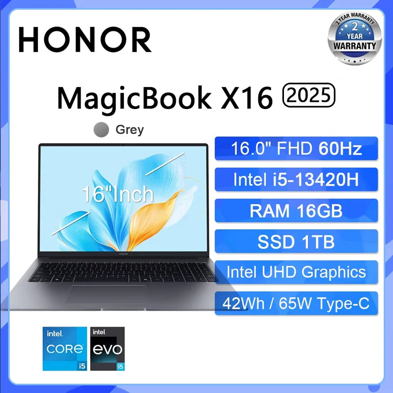 HONOR MagicBook X16 2025 – 16" FHD IPS, Intel 13th Gen i5 or i7, Up to 16GB LPDDR4x, 1TB SSD, Wi-Fi 6