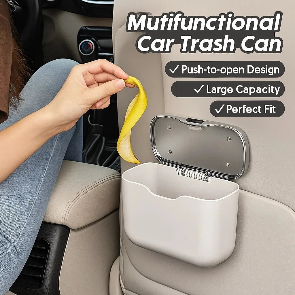 A car seat-mounted trash can shown in a real car interior, with a person's hand holding a yellow item above the bin. Large text reads 'Multifunctional Car Trash Can' with feature bullet points.