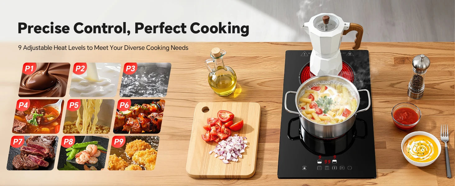 2-Zone Ceramic Hob – 3000W, Child Lock, 9 Heat Levels, 1-99 Min Timer, 60cm Black Glass (CE Certified)
