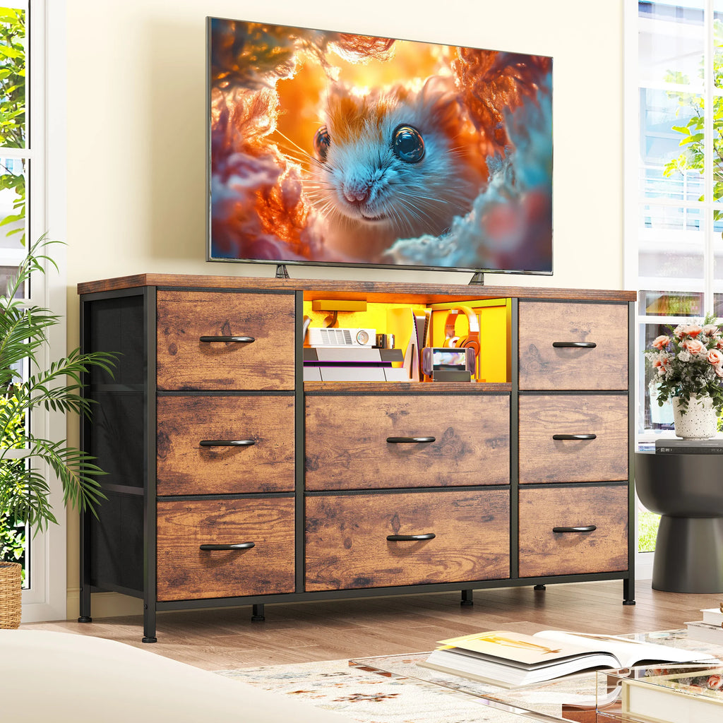 8-Drawer Media Dresser with LED Lighting & Built-In Charging Station — Fabric Storage Cabinet for 55" TVs