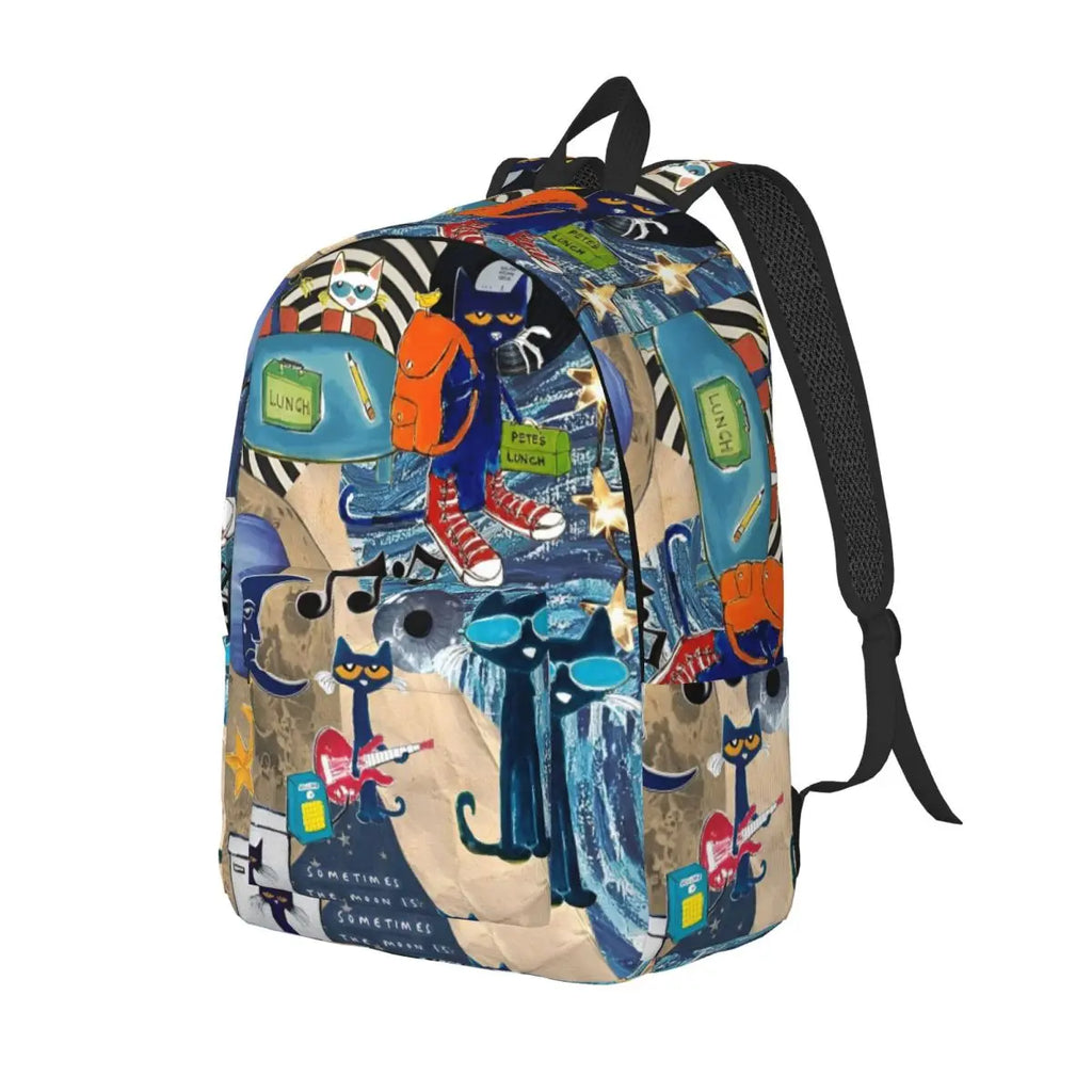 Backpack with colorful cat-themed design on a white background