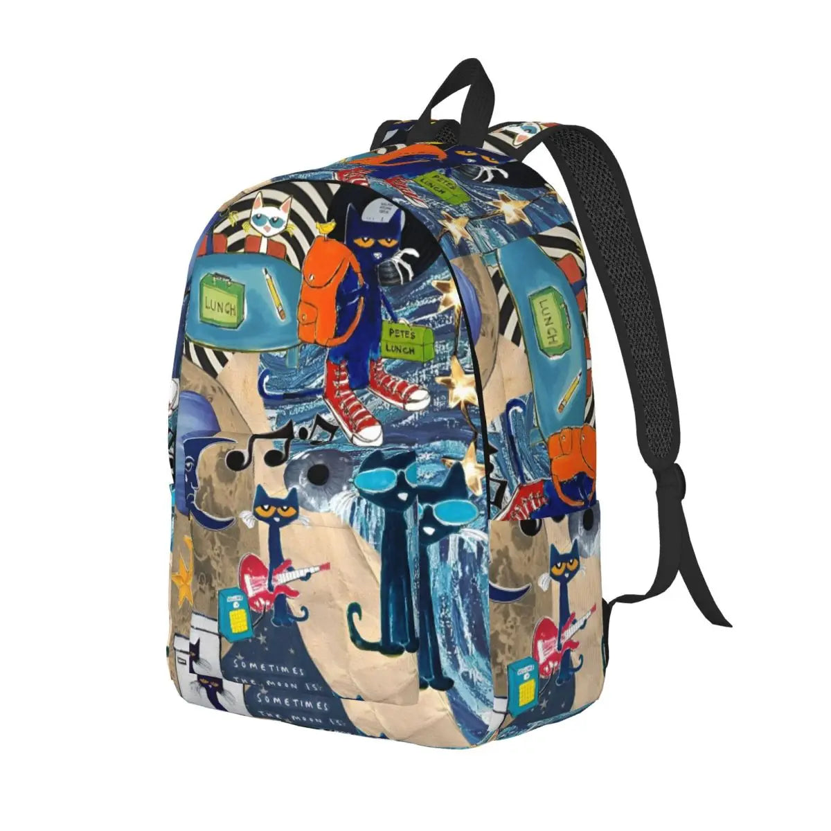 Backpack with colorful cat-themed design on a white background