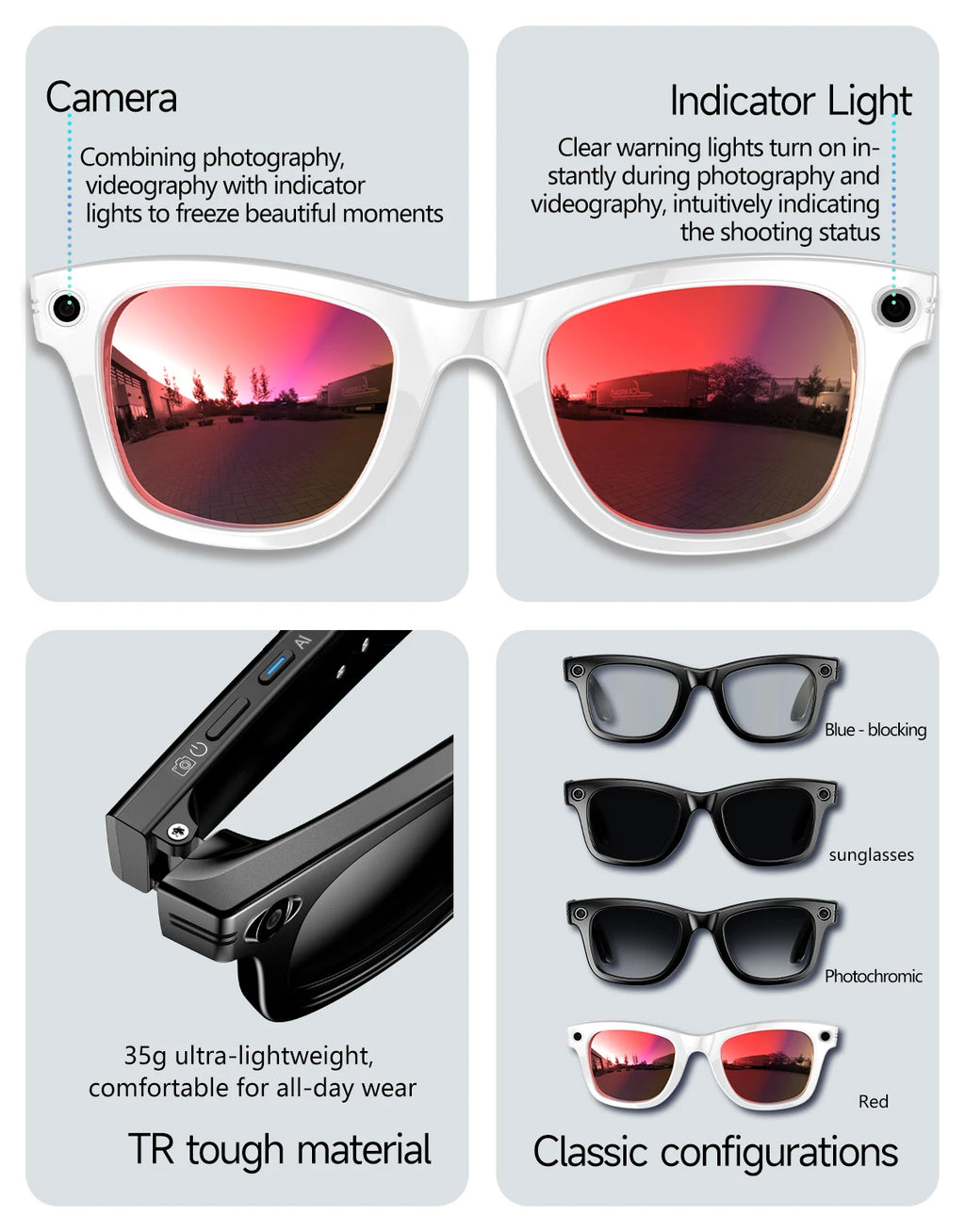 800W Camera AI Smart Glasses — Color-Changing Lenses, AI Translation, HD Video & Waterproof Calling