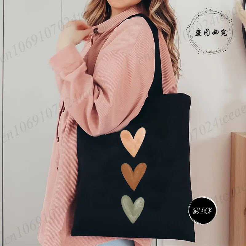 Large Capacity Canvas Shoulder Bag – Harajuku Watercolor Heart Print Shopper Tote