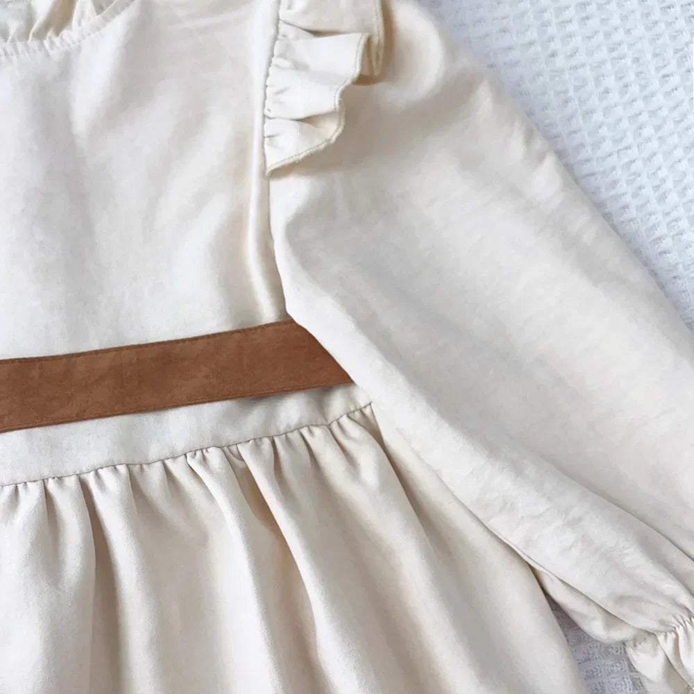 Girls Long Sleeve Stand Collar Dress — Solid Color Casual Dress (3–7 Years)