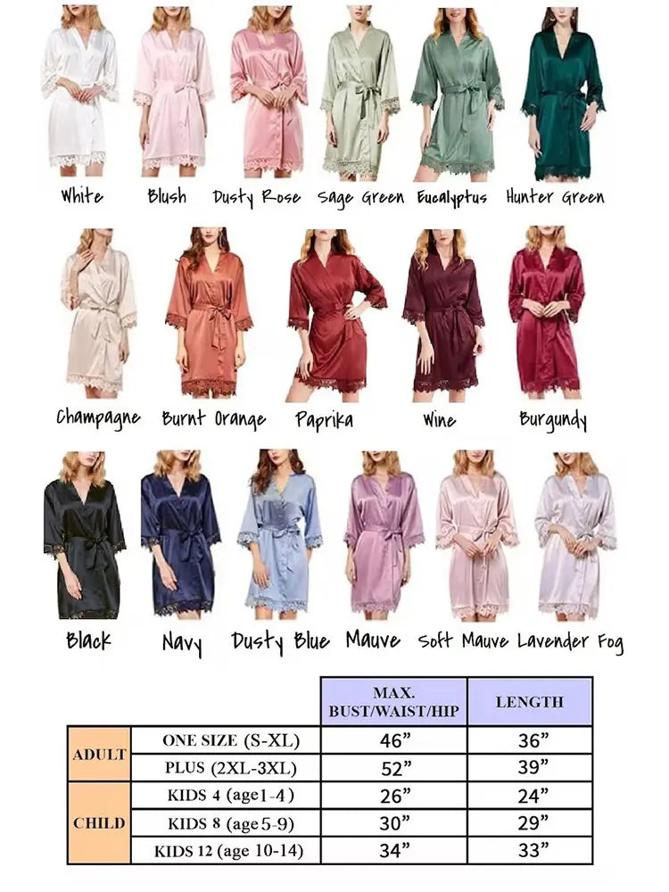 Bridesmaid Satin Lace Robe | Bridal Party Wedding Dressing Gown with Lace Trim