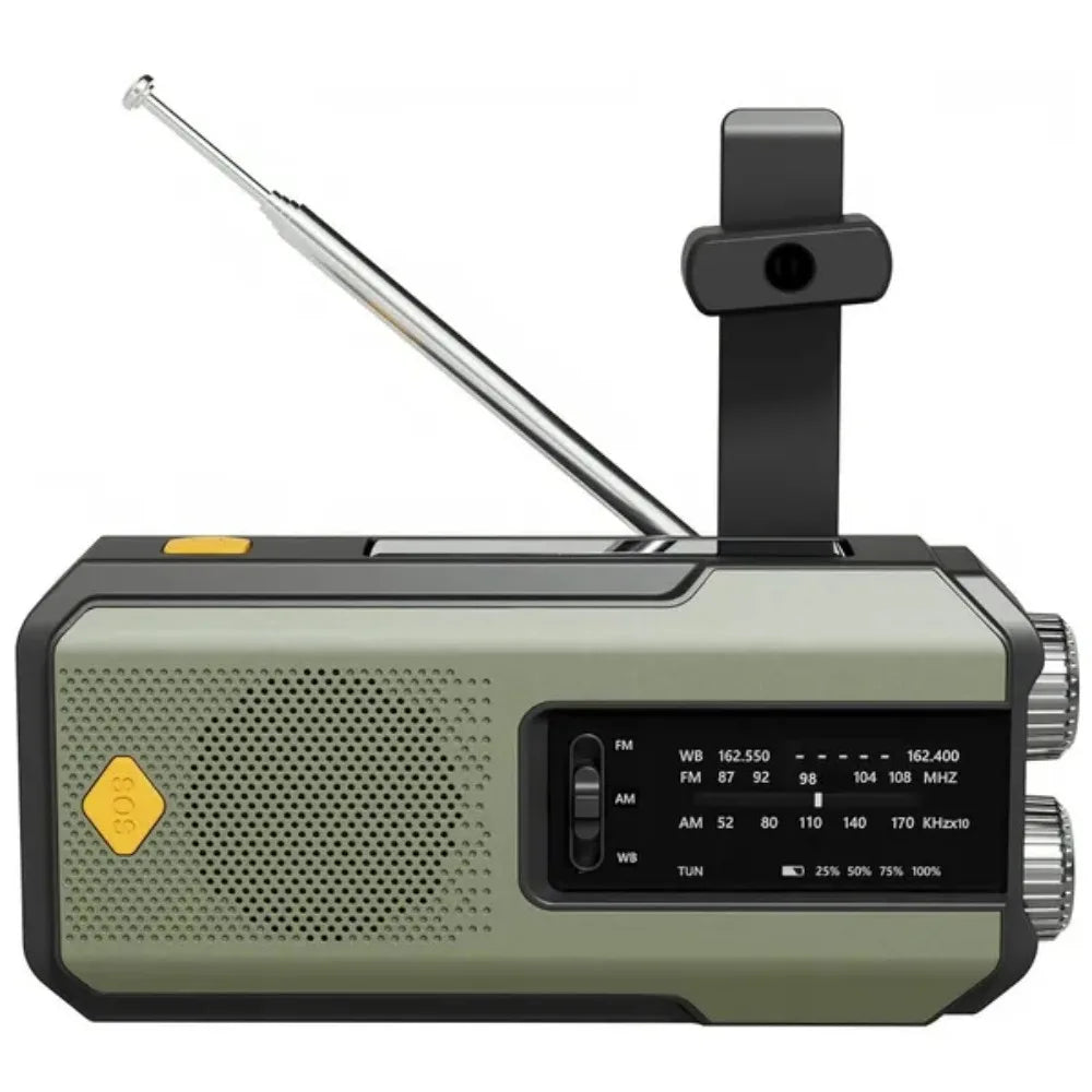 Emergency Weather Radio — FM/AM/WB, Hand Crank Solar, 2000mAh Power Bank & LED Flashlight