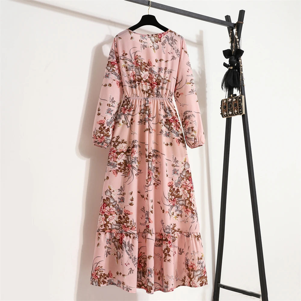 Women Long Dresses Spring Summer Casual Full Sleeve Floral geometry Printed O neck Woman Bohe Beach Party Dress Mujer Vestidos