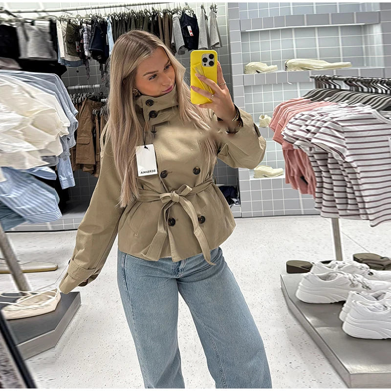 Women's Double-Breasted Cropped Trench Coat – Chic Vintage Office Jacket