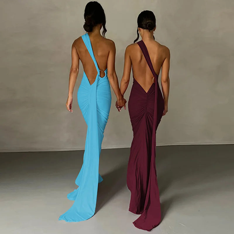 Backless Ruched Slim Bodycon Maxi Dress — Elegant Formal Wedding Guest Evening Dress