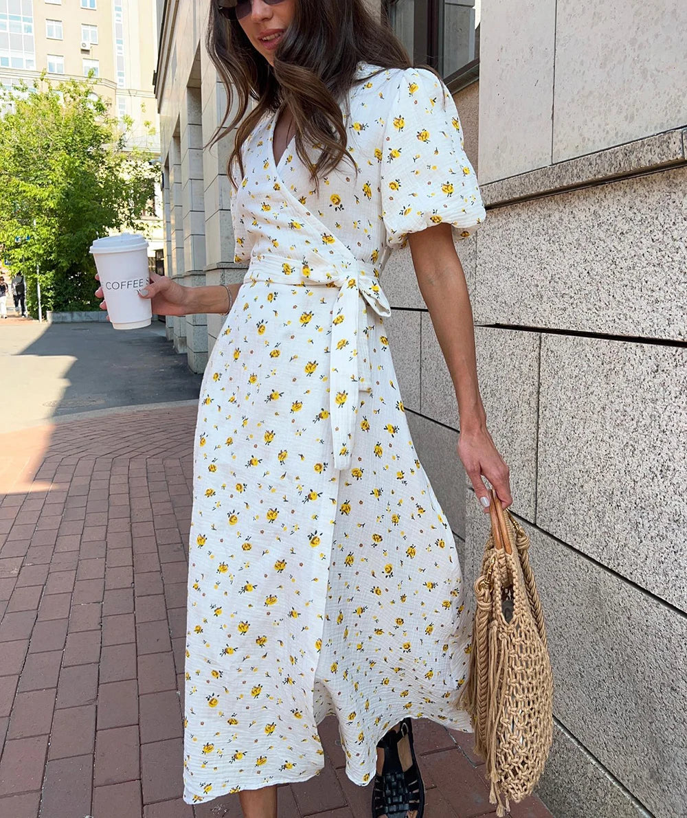 100% Cotton Floral A-Line Midi Dress — Elegant White Summer Dress with Side Slits