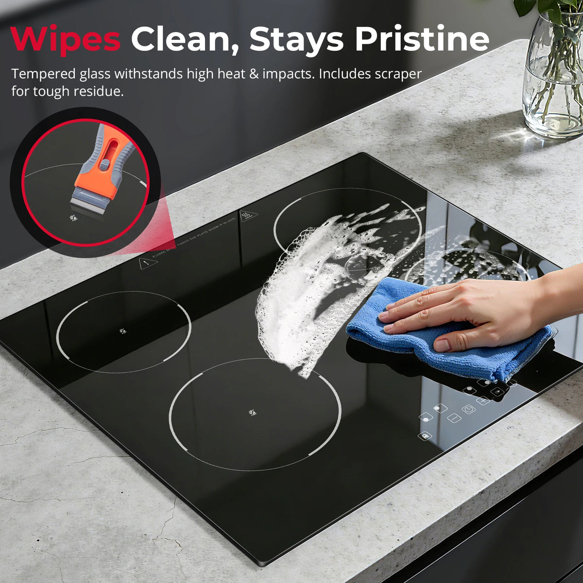 6000W 4-Zone Ceramic Induction Hob – 60cm Black Glass, Touch Control, 9 Power Levels, Timer & Child Lock