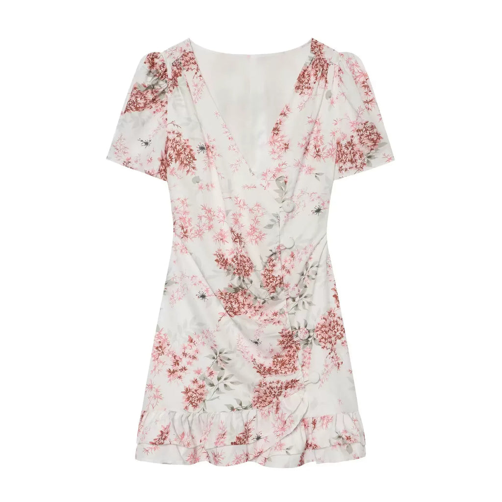 Women's Floral Ruffle Slim Dress – Deep V-Neck Double Layered Ruffled Hem Party & Daily Gown