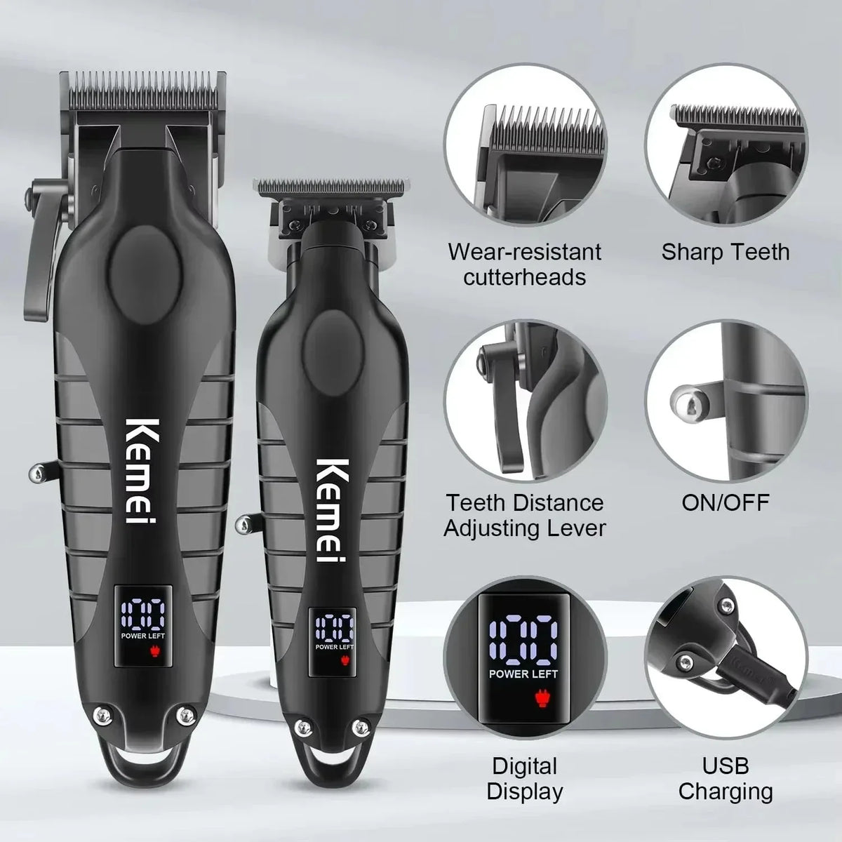 Kemei Professional Hair Clipper & Beard Trimmer – LCD Display, Wet/Dry, USB Fast Charge