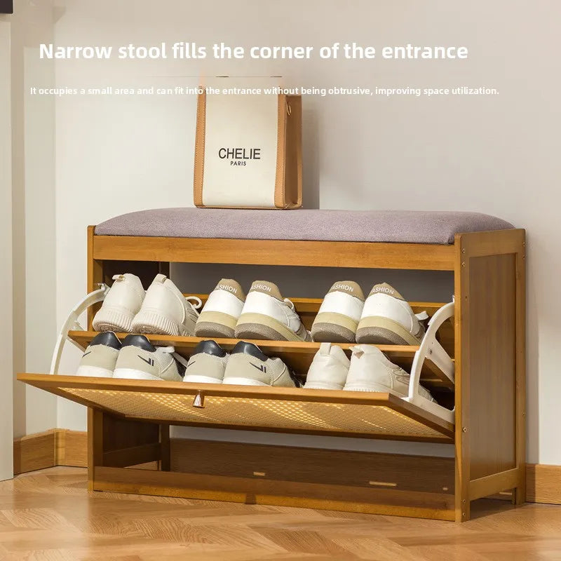 Bamboo & Wood Cushioned Shoe Stool — Entryway Bench