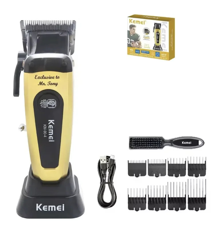 Kemei KM-90 Professional Hair Clipper Set – DLC Blade, Brushless Motor, 11,500 RPM, Cordless Barber Kit