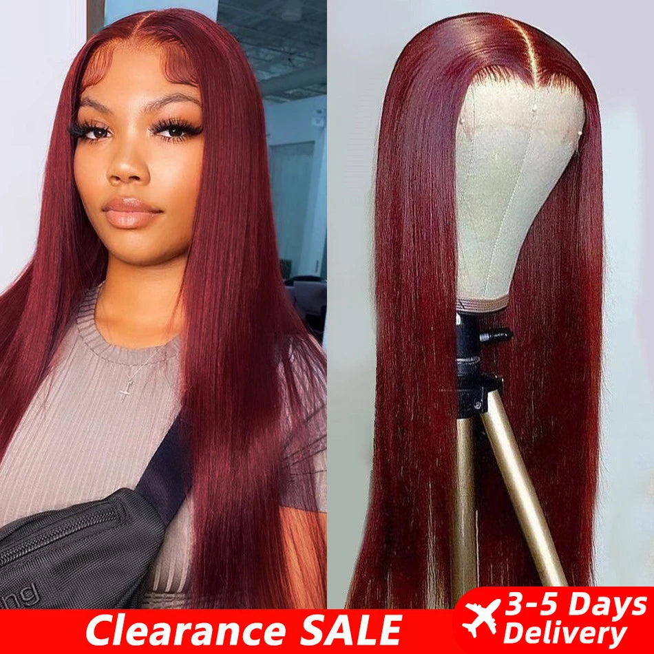 99J Red Burgundy Straight Lace Front Wig | 200% Density 13x4 13x6 HD Transparent Colored Human Hair Pre-Plucked
