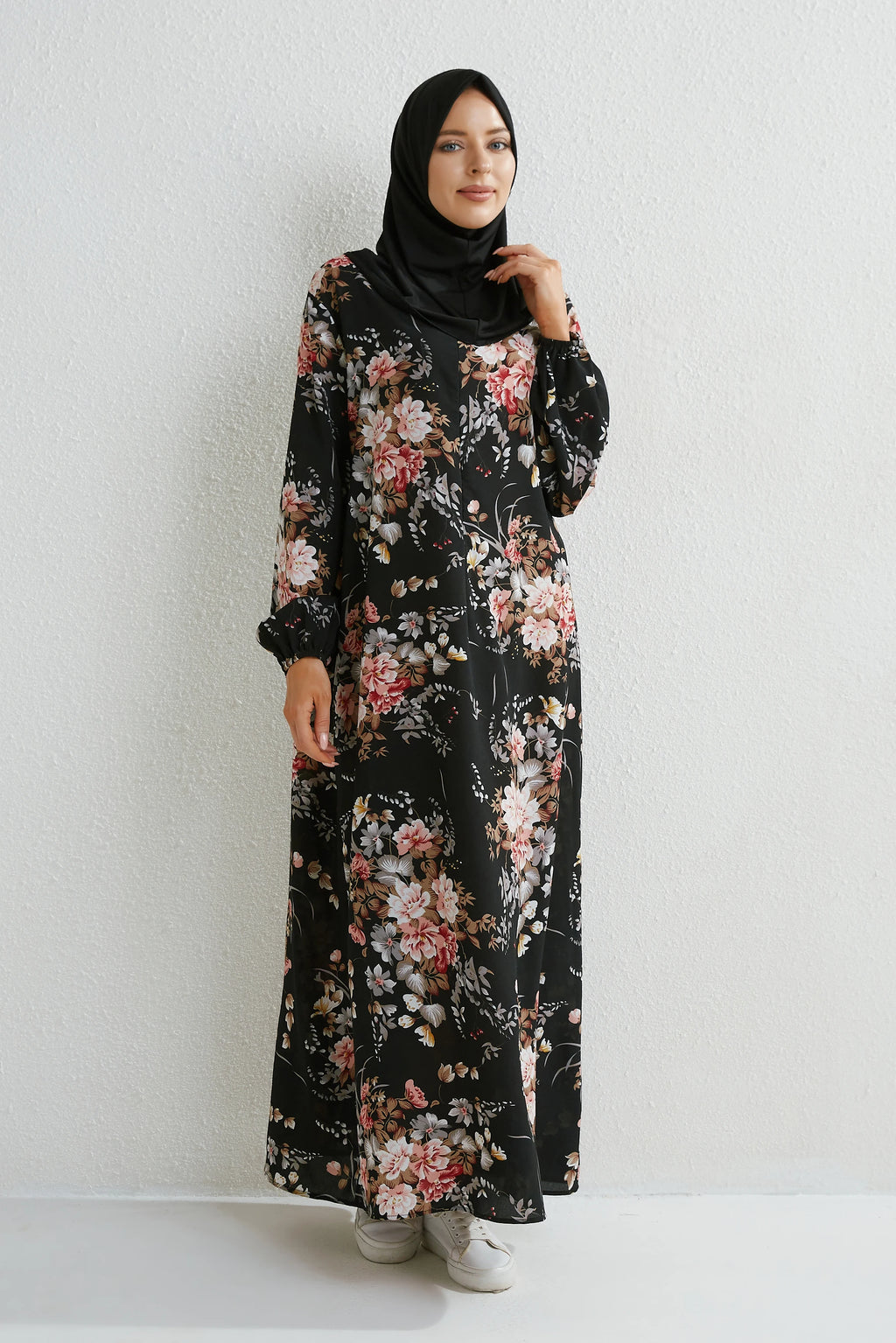 Muslim Floral Printed Full Sleeve Maxi Robe — Loose Modest Long Casual Dress