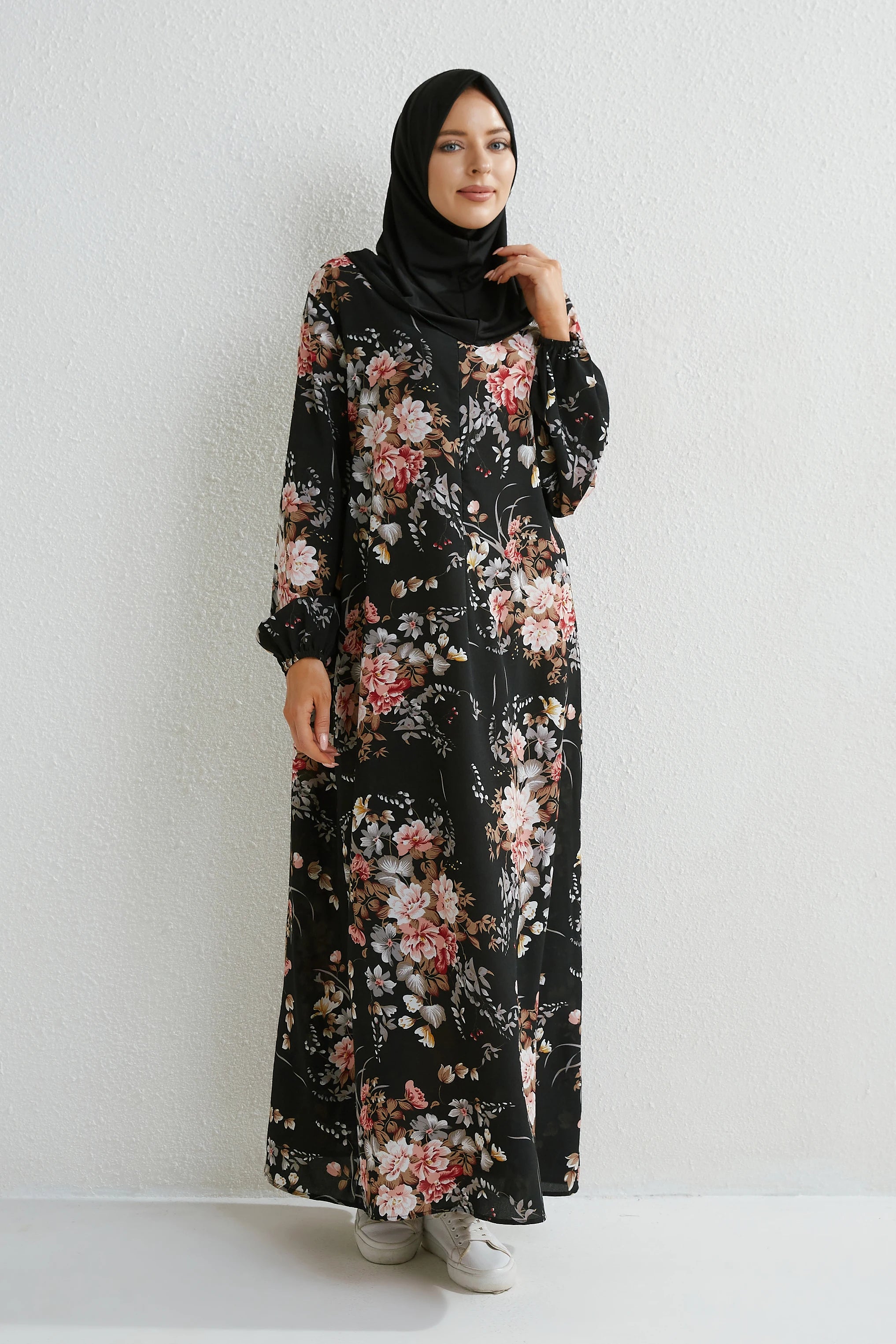 Muslim Floral Printed Full Sleeve Maxi Robe — Loose Modest Long Casual Dress